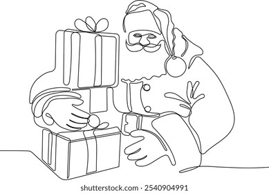 Personaje Lindo De Dibujos Animados De Santa Claus Con Un Saco Lleno De Regalos. Vector dibujado a mano ilustración. Una línea continua dibujando a Santa Claus en renos y trineo. concepto para Navidades y año Nuevo