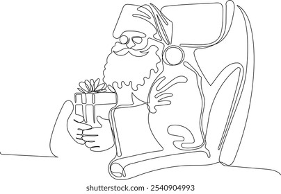 Personaje Lindo De Dibujos Animados De Santa Claus Con Un Saco Lleno De Regalos. Vector dibujado a mano ilustración. Una línea continua dibujando a Santa Claus en renos y trineo. concepto para Navidades y año Nuevo