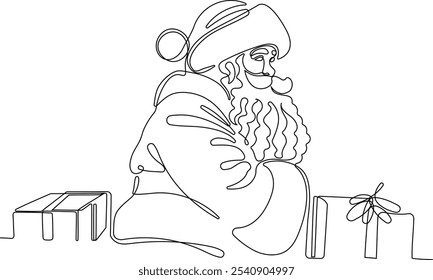 Personaje Lindo De Dibujos Animados De Santa Claus Con Un Saco Lleno De Regalos. Vector dibujado a mano ilustración. Una línea continua dibujando a Santa Claus en renos y trineo. concepto para Navidades y año Nuevo