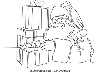 Personaje Lindo De Dibujos Animados De Santa Claus Con Un Saco Lleno De Regalos. Vector dibujado a mano ilustración. Una línea continua dibujando a Santa Claus en renos y trineo. concepto para Navidades y año Nuevo