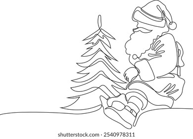 Personaje Lindo De Dibujos Animados De Santa Claus Con Un Saco Lleno De Regalos. Vector dibujado a mano ilustración. Una línea continua dibujando a Santa Claus en renos y trineo. concepto para Navidades y año Nuevo