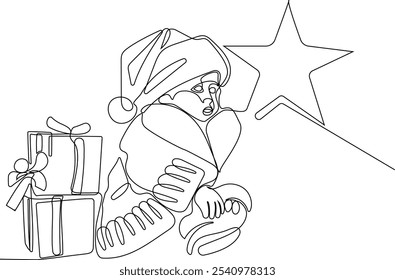 Personaje Lindo De Dibujos Animados De Santa Claus Con Un Saco Lleno De Regalos. Vector dibujado a mano ilustración. Una línea continua dibujando a Santa Claus en renos y trineo. concepto para Navidades y año Nuevo