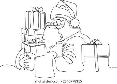 Personaje Lindo De Dibujos Animados De Santa Claus Con Un Saco Lleno De Regalos. Vector dibujado a mano ilustración. Una línea continua dibujando a Santa Claus en renos y trineo. concepto para Navidades y año Nuevo