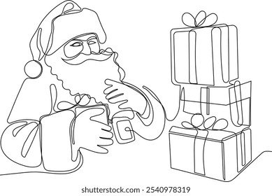 Personaje Lindo De Dibujos Animados De Santa Claus Con Un Saco Lleno De Regalos. Vector dibujado a mano ilustración. Una línea continua dibujando a Santa Claus en renos y trineo. concepto para Navidades y año Nuevo