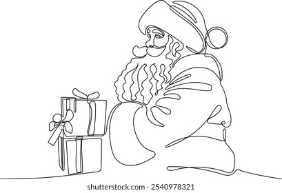 Personaje Lindo De Dibujos Animados De Santa Claus Con Un Saco Lleno De Regalos. Vector dibujado a mano ilustración. Una línea continua dibujando a Santa Claus en renos y trineo. concepto para Navidades y año Nuevo