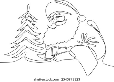 Personaje Lindo De Dibujos Animados De Santa Claus Con Un Saco Lleno De Regalos. Vector dibujado a mano ilustración. Una línea continua dibujando a Santa Claus en renos y trineo. concepto para Navidades y año Nuevo