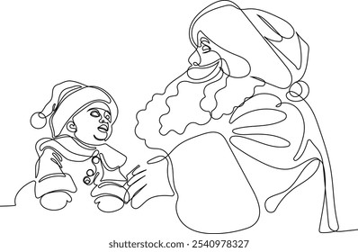 Personaje Lindo De Dibujos Animados De Santa Claus Con Un Saco Lleno De Regalos. Vector dibujado a mano ilustración. Una línea continua dibujando a Santa Claus en renos y trineo. concepto para Navidades y año Nuevo