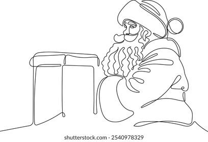 Personaje Lindo De Dibujos Animados De Santa Claus Con Un Saco Lleno De Regalos. Vector dibujado a mano ilustración. Una línea continua dibujando a Santa Claus en renos y trineo. concepto para Navidades y año Nuevo