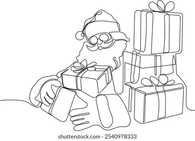 Personaje Lindo De Dibujos Animados De Santa Claus Con Un Saco Lleno De Regalos. Vector dibujado a mano ilustración. Una línea continua dibujando a Santa Claus en renos y trineo. concepto para Navidades y año Nuevo