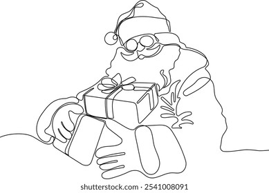 Personaje Lindo De Dibujos Animados De Santa Claus Con Un Saco Lleno De Regalos. Vector dibujado a mano ilustración. Una línea continua dibujando a Santa Claus en renos y trineo. concepto para Navidades y año Nuevo