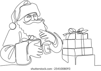 Personaje Lindo De Dibujos Animados De Santa Claus Con Un Saco Lleno De Regalos. Vector dibujado a mano ilustración. Una línea continua dibujando a Santa Claus en renos y trineo. concepto para Navidades y año Nuevo