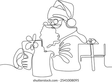 Personaje Lindo De Dibujos Animados De Santa Claus Con Un Saco Lleno De Regalos. Vector dibujado a mano ilustración. Una línea continua dibujando a Santa Claus en renos y trineo. concepto para Navidades y año Nuevo