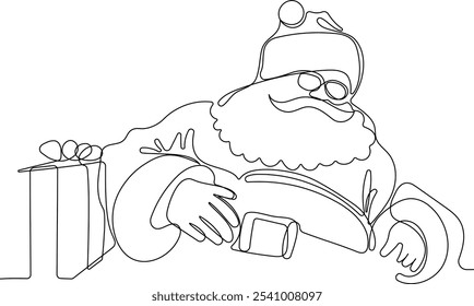 Personaje Lindo De Dibujos Animados De Santa Claus Con Un Saco Lleno De Regalos. Vector dibujado a mano ilustración. Una línea continua dibujando a Santa Claus en renos y trineo. concepto para Navidades y año Nuevo