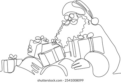 Personaje Lindo De Dibujos Animados De Santa Claus Con Un Saco Lleno De Regalos. Vector dibujado a mano ilustración. Una línea continua dibujando a Santa Claus en renos y trineo. concepto para Navidades y año Nuevo