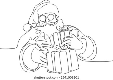 Personaje Lindo De Dibujos Animados De Santa Claus Con Un Saco Lleno De Regalos. Vector dibujado a mano ilustración. Una línea continua dibujando a Santa Claus en renos y trineo. concepto para Navidades y año Nuevo