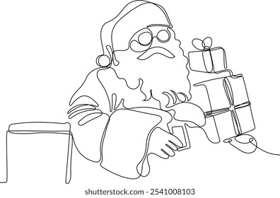 Personaje Lindo De Dibujos Animados De Santa Claus Con Un Saco Lleno De Regalos. Vector dibujado a mano ilustración. Una línea continua dibujando a Santa Claus en renos y trineo. concepto para Navidades y año Nuevo