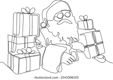 Personaje Lindo De Dibujos Animados De Santa Claus Con Un Saco Lleno De Regalos. Vector dibujado a mano ilustración. Una línea continua dibujando a Santa Claus en renos y trineo. concepto para Navidades y año Nuevo