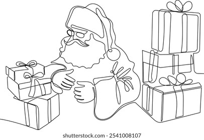 Personaje Lindo De Dibujos Animados De Santa Claus Con Un Saco Lleno De Regalos. Vector dibujado a mano ilustración. Una línea continua dibujando a Santa Claus en renos y trineo. concepto para Navidades y año Nuevo