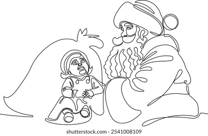 Personaje Lindo De Dibujos Animados De Santa Claus Con Un Saco Lleno De Regalos. Vector dibujado a mano ilustración. Una línea continua dibujando a Santa Claus en renos y trineo. concepto para Navidades y año Nuevo