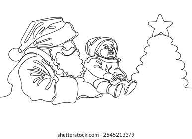 Personaje Lindo De Dibujos Animados De Santa Claus Con Un Saco Lleno De Regalos. Vector dibujado a mano ilustración. Una línea continua dibujando a Santa Claus en renos y trineo. concepto para Navidades y año Nuevo