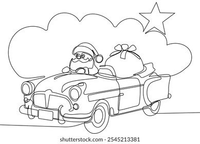 Personaje Lindo De Dibujos Animados De Santa Claus Con Un Saco Lleno De Regalos. Vector dibujado a mano ilustración. Una línea continua dibujando a Santa Claus en renos y trineo. concepto para Navidades y año Nuevo