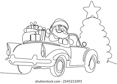 Personaje Lindo De Dibujos Animados De Santa Claus Con Un Saco Lleno De Regalos. Vector dibujado a mano ilustración. Una línea continua dibujando a Santa Claus en renos y trineo. concepto para Navidades y año Nuevo