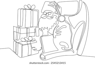 Personaje Lindo De Dibujos Animados De Santa Claus Con Un Saco Lleno De Regalos. Vector dibujado a mano ilustración. Una línea continua dibujando a Santa Claus en renos y trineo. concepto para Navidades y año Nuevo