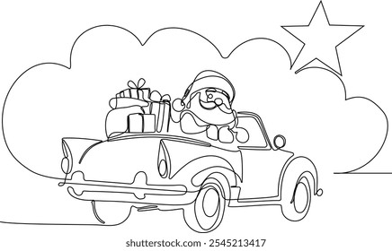 Personaje Lindo De Dibujos Animados De Santa Claus Con Un Saco Lleno De Regalos. Vector dibujado a mano ilustración. Una línea continua dibujando a Santa Claus en renos y trineo. concepto para Navidades y año Nuevo