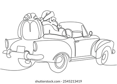 Personaje Lindo De Dibujos Animados De Santa Claus Con Un Saco Lleno De Regalos. Vector dibujado a mano ilustración. Una línea continua dibujando a Santa Claus en renos y trineo. concepto para Navidades y año Nuevo