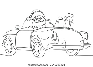 Personaje Lindo De Dibujos Animados De Santa Claus Con Un Saco Lleno De Regalos. Vector dibujado a mano ilustración. Una línea continua dibujando a Santa Claus en renos y trineo. concepto para Navidades y año Nuevo