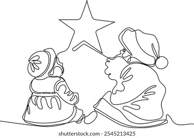 Personaje Lindo De Dibujos Animados De Santa Claus Con Un Saco Lleno De Regalos. Vector dibujado a mano ilustración. Una línea continua dibujando a Santa Claus en renos y trineo. concepto para Navidades y año Nuevo