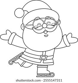 Outlined Cute Santa Claus Cartoon Character Ice Skating And Greeting. Vector Hand Drawn Illustration Isolated On Transparent Background