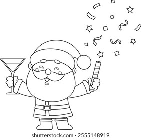 Outlined Cute Santa Claus Cartoon Character Holding A Champagne Glass And A Party Popper. Vector Hand Drawn Illustration Isolated On Transparent Background