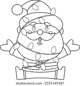 Outlined Cute Santa Claus Cartoon Character Wrapped in Festive Christmas Lights. Vector Hand Drawn Illustration Isolated On Transparent Background