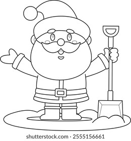 Outlined Cute Santa Claus Cartoon Character Shoveling Snow And Spreading Holiday Cheer. Vector Hand Drawn Illustration Isolated On Transparent Background