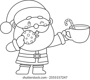 Outlined Cute Santa Claus Cartoon Character Enjoying A Cookie And Hot Chocolate With Candy Cane Stirrer. Vector Hand Drawn Illustration Isolated On Transparent Background