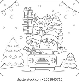 Outlined Cute Santa Claus, Elf, and Reindeer Driving a Festive Car with Christmas Gifts and Tree Cartoon Characters. Vector Hand Drawn Illustration Isolated On Transparent Background