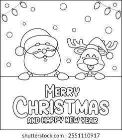 Outlined Cute Santa Claus And Reindeer Cartoon Characters Holding A Merry Christmas Sign. Vector Hand Drawn Illustration With Landscape Background