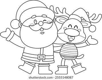 Outlined Cute Santa Claus And Reindeer Cartoon Characters Singing And Waving Hands. Vector Hand Drawn Illustration Isolated On Transparent Background