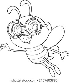 Personaje De Dibujos Animados De La Abeja Escolar Lindo Delineado Volando Y Saludando. Vector Dibujado A Mano Ilustración Aislado Sobre Fondo Transparente