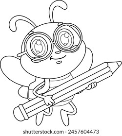 Personaje De Dibujos Animados De La Abeja Escolar Lindo Esbozado Volando Con Mochila Y Lápiz. Vector Dibujado A Mano Ilustración Aislado Sobre Fondo Transparente