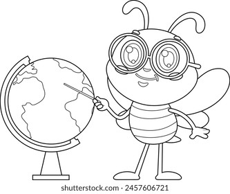 Outlined Cute School Bee Cartoon Character Showing In The Globe. Vector Hand Drawn Illustration Isolated On Transparent Background