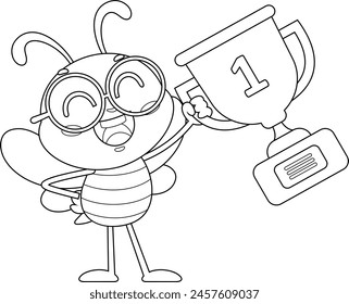 Outlined Cute School Bee Cartoon Character Holding A Cup Trophy. Vector Hand Drawn Illustration Isolated On Transparent Background