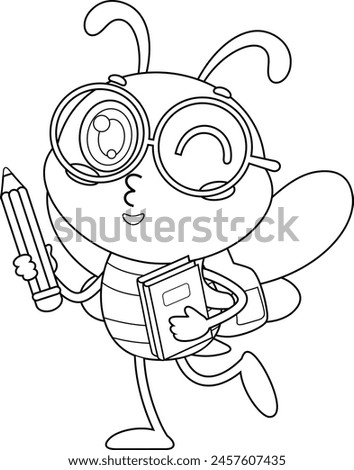 Outlined Cute School Bee Cartoon Character Going To School With Backpack And Pencil. Vector Hand Drawn Illustration Isolated On Transparent Background