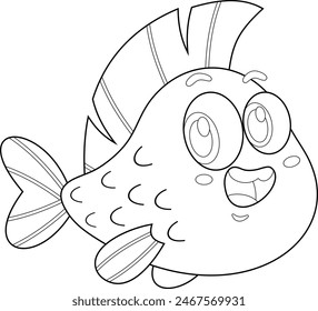 Outlined Cute Sea Fish Cartoon Character. Vector Hand Drawn Illustration Isolated On Transparent Background