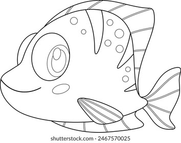 Outlined Cute Sea Fish Cartoon Character. Vector Hand Drawn Illustration Isolated On Transparent Background