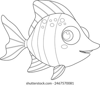 Outlined Cute Sea Fish Cartoon Character. Vector Hand Drawn Illustration Isolated On Transparent Background