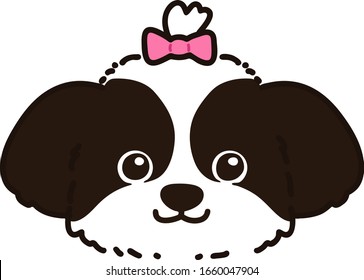 Outlined cute Shih Tzu face with pink ribbon