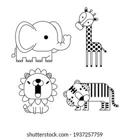 Outlined cute simple cartoon animals - , tiger, giraffe, lion, elephant. Great for designing baby clothes.