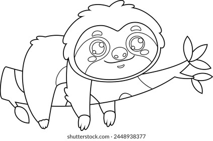 Outlined Cute Sloth Cartoon Character Lies On Thick Branch Of Tree. Vector Hand Drawn Illustration Isolated On Transparent Background